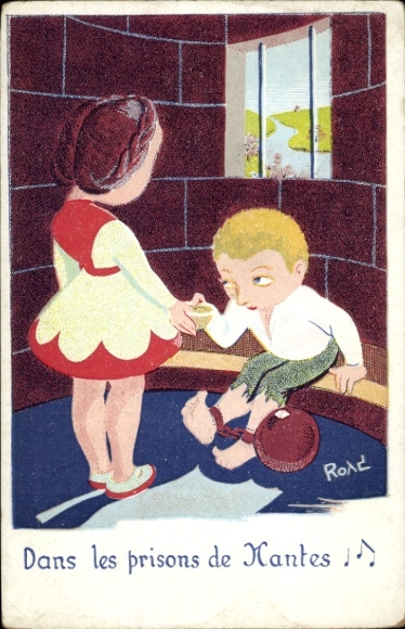 Artist Postcard Boy in prison, girl with food