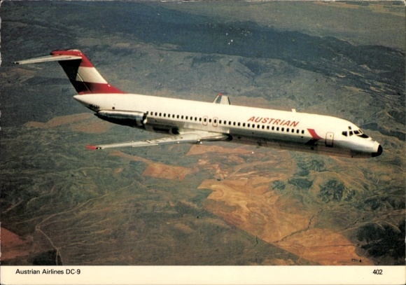 Postcard Austrian Airlines DC 9, Austrian passenger aircraft