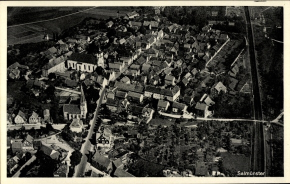 Ak Bad Soden Salmünster in Hessen, luchtfoto van vele daken, kerk, straatbeeld