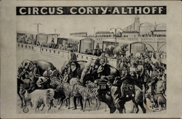 Postcard Circus Corty-Althoff, zebras, elephants, hippos, kangaroo