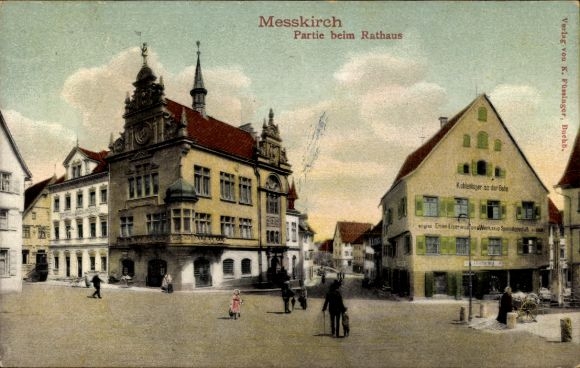 Ak Messkirch Messkirch in de Schwäbische Alb Baden, deel van het stadhuis, architectuur, mensen