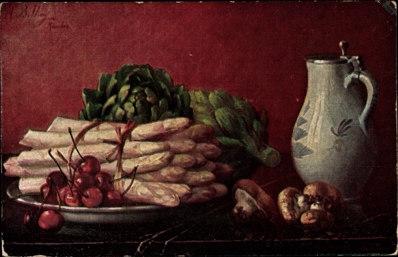 Kunstenaar Ansichtkaart Billing, M., asperges, champignons, kersen, waterkan, stilleven