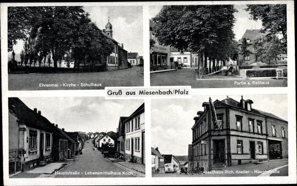 Postcard Ramstein Miesenbach in Rhineland-Palatinate, memorial, church, school, town hall, main street, inn