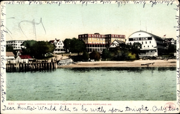 Ak Portland Maine VS, Forest Hill Landing en Gem Theatre, Peaks Island