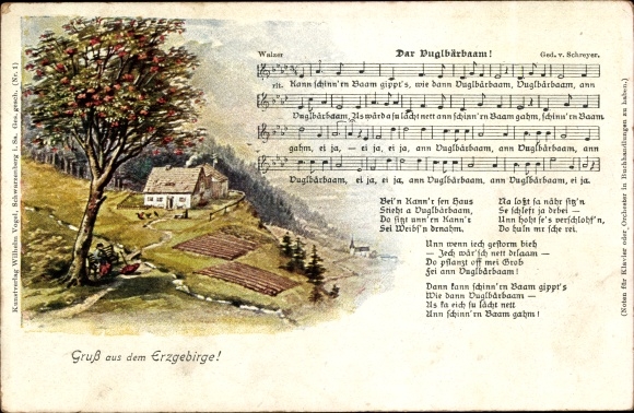 Song Postcard Vogel, Wilhelm, Dar Vuglbärbaam, landscape idyll, Erzgebirge