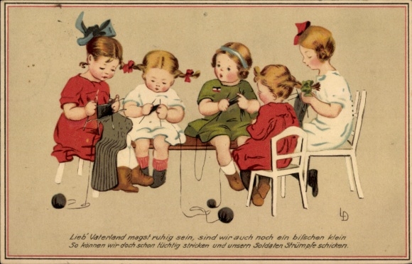 Artist Postcard Döring, L., Children knitting, Dear Fatherland, may you be calm
