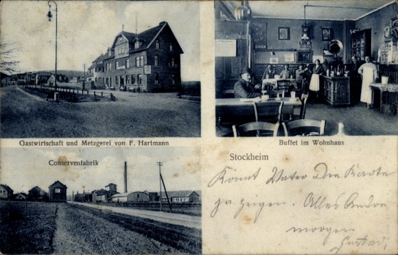 Postcard Stockheim Glauburg in Hessen, restaurant and butcher shop, canning factory