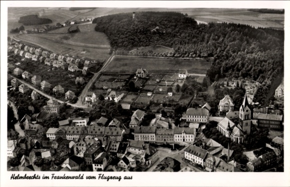 Postcard Helmbrechts in Upper Franconia, Franconian Forest, aerial photograph