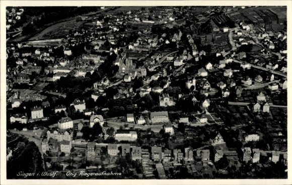 Postcard Siegen in Westphalia, spots from aerial photograph, many houses and landscape