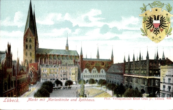 Postcard Hanseatic City of Lübeck, market with St. Mary's Church, town hall, architecture
