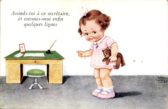 Artist Postcard Wills, John, Girl with Teddy Bear, Desk