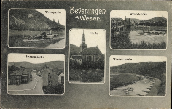 PC Beverungen in North Rhine-Westphalia, Weser section, Weser bridge, street section, church, Weser valley section