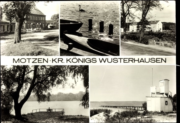 Ak Motzen Mittenwalde in der Mark, Seeblick, Gasthaus, Steg, Wachturm