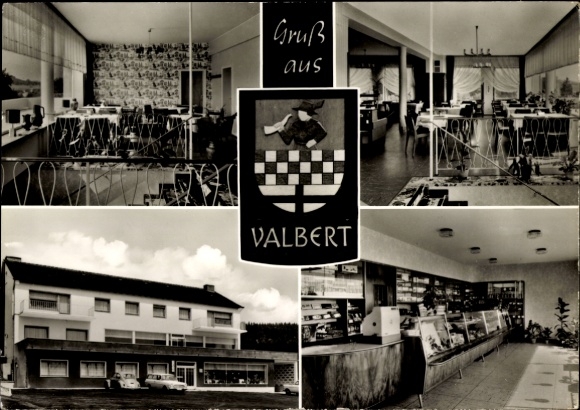 Postcard Valbert Meinerzhagen in Sauerland, Bakery Confectionery Café at Ebbehang, coat of arms