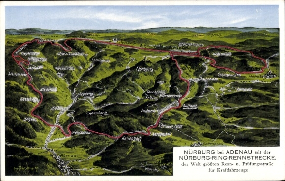 Postcard Nürburg in the Eifel, map of the Nürburgring race track, circuit, green landscape