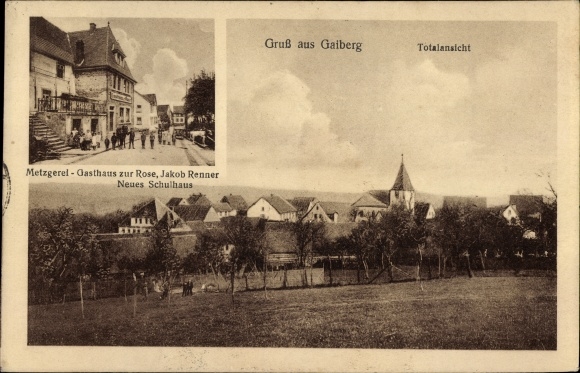 Postcard Gaiberg Baden Württemberg, butcher&#39;s shop and inn zur Rose, school building, total view