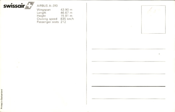 Postcard Swiss passenger aircraft, Swissair, Airbus A310 Europe