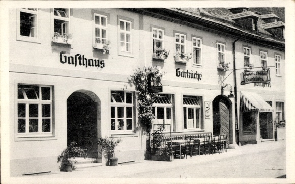 Ak Leutenberg in Thüringen, Gasthaus, Garküche, Terrasse, Blumen,  Architektur