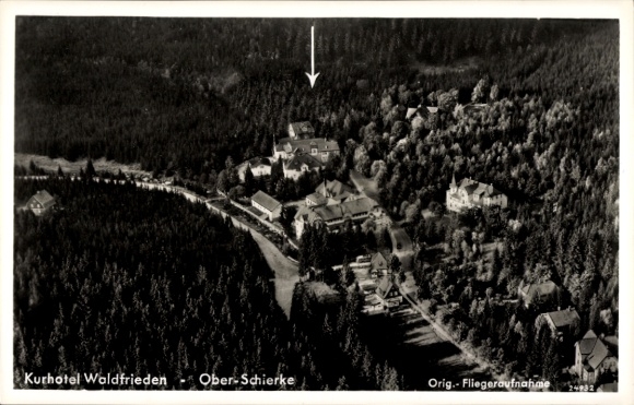 Postcard Schierke Wernigerode in the Harz Mountains, Kurhotel Waldfrieden, aerial photograph, forest area, holiday resort