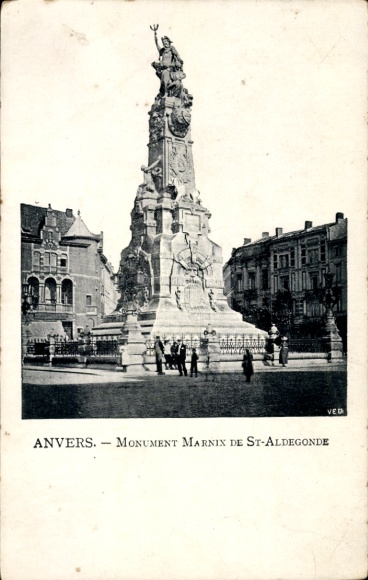 Ansichtkaart Antwerpen Vlaanderen, Monument Marnix de St-Aldegonde, standbeeld, zwart-wit foto