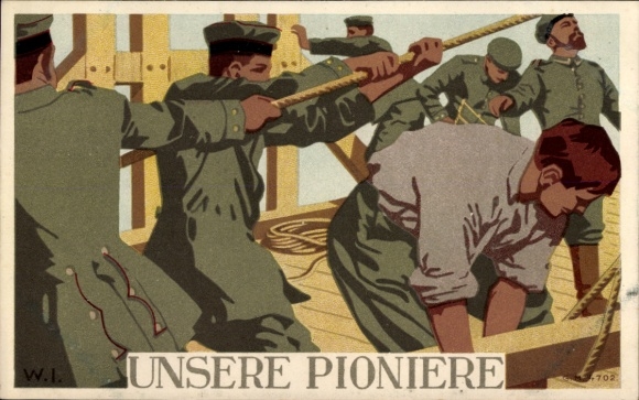 Lithograph Postcard German Pioneers, Building Bridges, I. WK