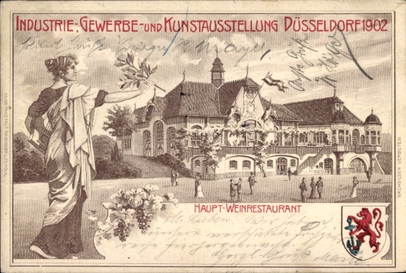 Coat of arms litho Düsseldorf am Rhein, industrial and commercial exhibition 1902, main wine restaurant