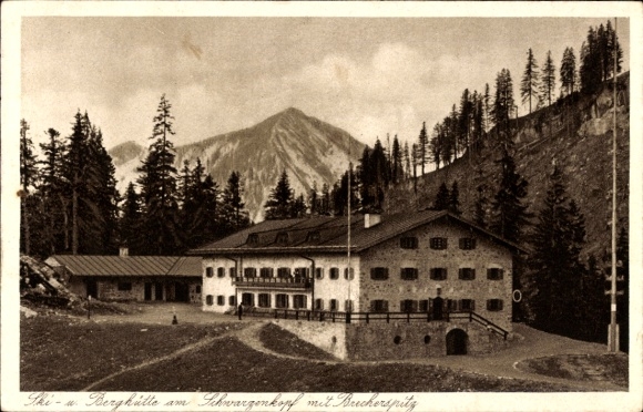 Postcard Grainau in Upper Bavaria, Schwarzenkopf, Brecherspitz mountain hut, mountains, trees,