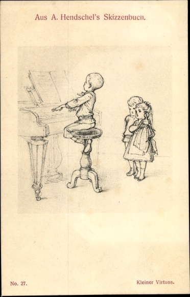 Kunstenaarskaart Hendschel, Albert, kleine virtuoos, jongen aan de piano