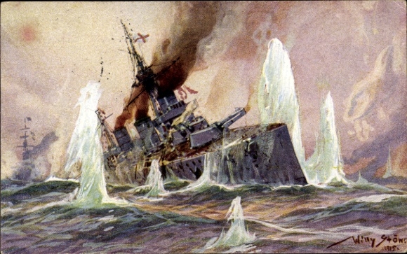 Artist Postcard Stöwer, Willy, Naval Battle North Sea 1915, English Battlecruiser, German Cruisers