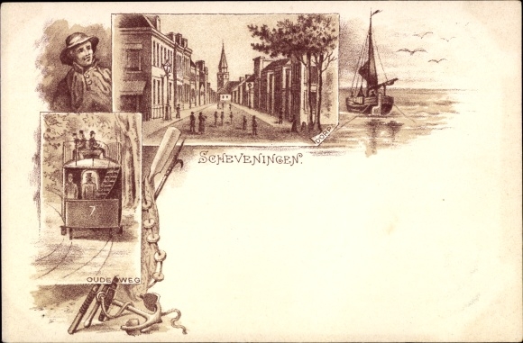 Chromo-Litho Scheveningen The Hague South Holland, tram line no. 7, sailing boat, anchor