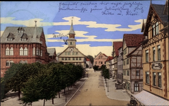KP Bad Sooden Allendorf w Hesji, odcinek ulicy w mieście, ratusz, hotel