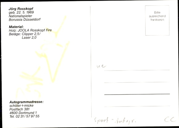 Postcard table tennis, Jörg Rosskopf, Borussia Düsseldorf, autograph