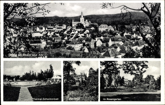 Postcard Sinzig am Rhein, thermal swimming pool, Zehnthof, rose garden, general view