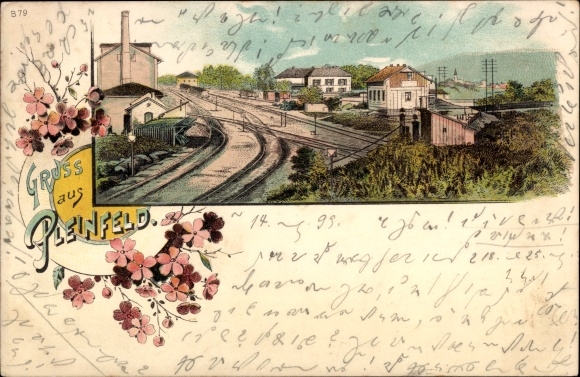 Litho Pleinfeld Mittelfranken, Bahnstrecke, Häuser, Schornstein, Bahnhof