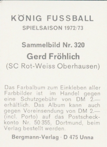 Obraz kolekcjonerski King Football 1972/1973, zdjęcie nr 320, Gerd Fröhlich, SC Rot-Weiß Oberhausen
