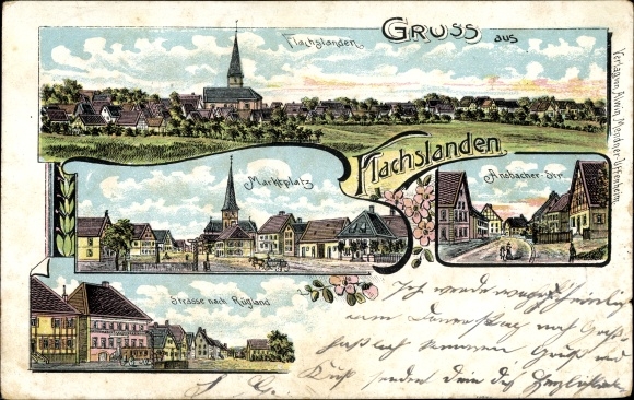 Chromo-Litho Flachslanden in Middle Franconia, market place, general view, Ansbacher Straße