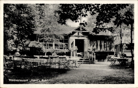 Ak Berlin Köpenick Grünau, Waldrestaurant Hanff's Ruh, Inh. Gertrud Kurek