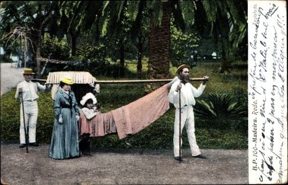 Postcard Island Madeira Portugal, speech, porter with hanging chair