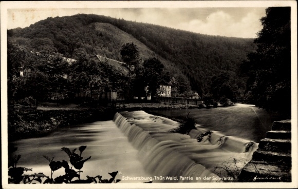 Postcard Schwarzburg in Thuringia, Swiss House, flowing water, forest landscape, s building, itself