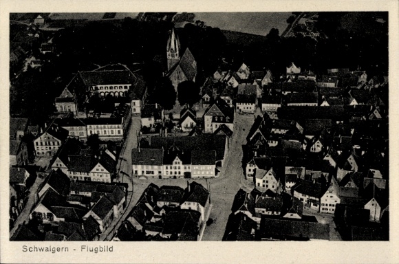 Postcard Schwaigern in Württemberg, aerial photograph, building and church, black and white, view