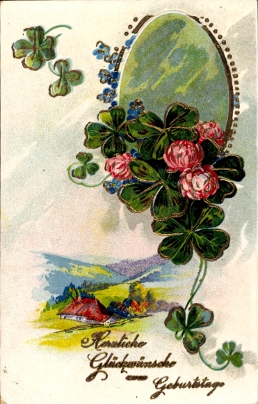 Postcard Congratulations Birthday, Lucky Clover, House
