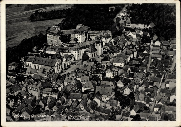 PC Hachenburg in the Westerwald district of Rhineland-Palatinate, view of the town, castle, aerial photo