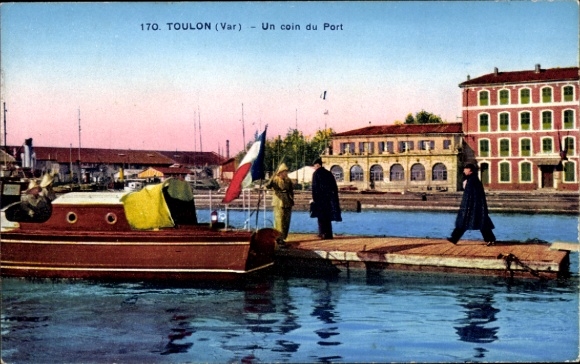 Postcard Toulon Var, harbor view, fishing boat, people at the harbor, French flag