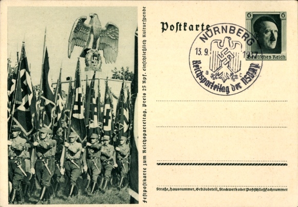 Postal stationery Postcard Nuremberg, Reich Party Rally of the NSDAP 1937, SA marching, national eagle, banner bearer