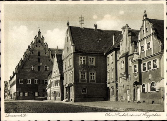 Postcard Donauwörth in Swabia Bavaria, Obere Reichstraße with Fuggerhaus, pharmacy
