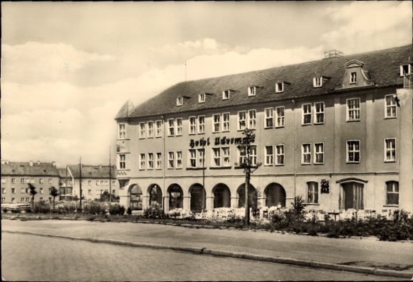 Postcard Prenzlau in the Uckermark, Hotel Uckermark, street view, plants, parking