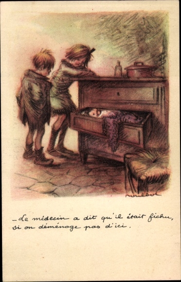 Artist Postcard Poulbot, Franciscque, Baby im Schubkasten, The doctor said he was done for