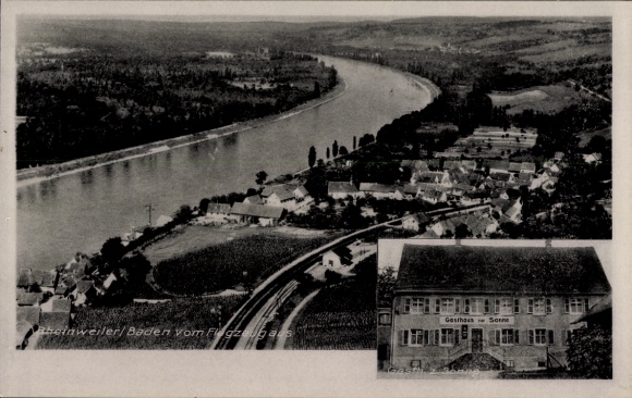 Postcard Rheinweiler Bad Bellingen in Baden, aerial photograph, Gasth. z. Sonne