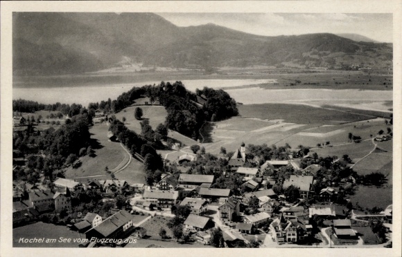 Postcard Kochel am See Upper Bavaria, aerial view of mountain landscape, view of houses