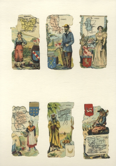 6 wafer maps of various countries, men and women in traditional national costumes, each approx. 10 x 5 cm